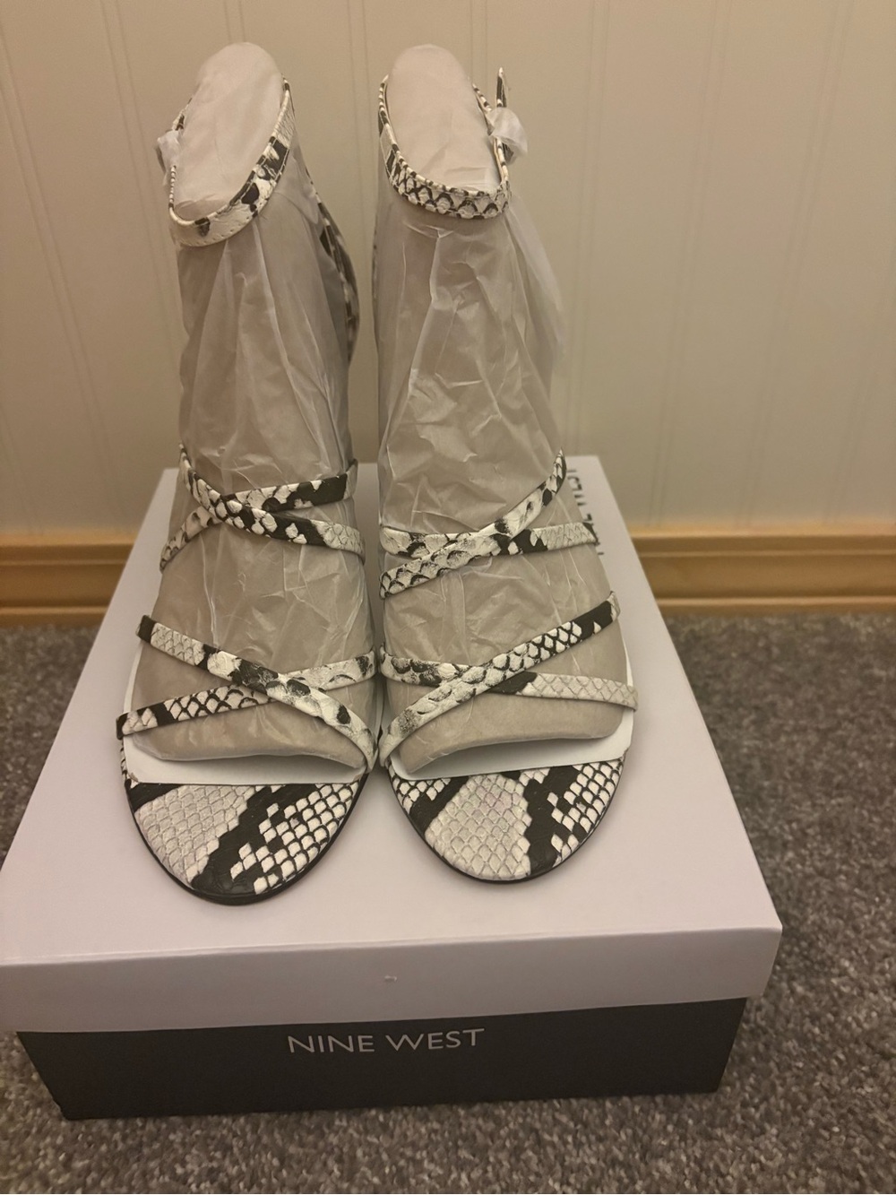 Nine West Malina3 Womens 11M Snakeskin Strappy Stiletto Heels Sandals NIB
